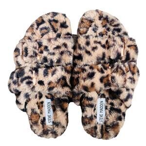 Steve Madden Fuzzy Tan Black Leopard Slippers Size 6